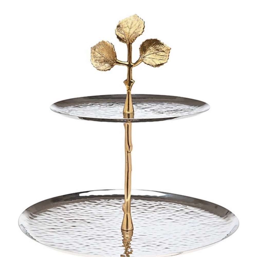 Godinger Stainless steel two tiered stand with gold brass leaves
